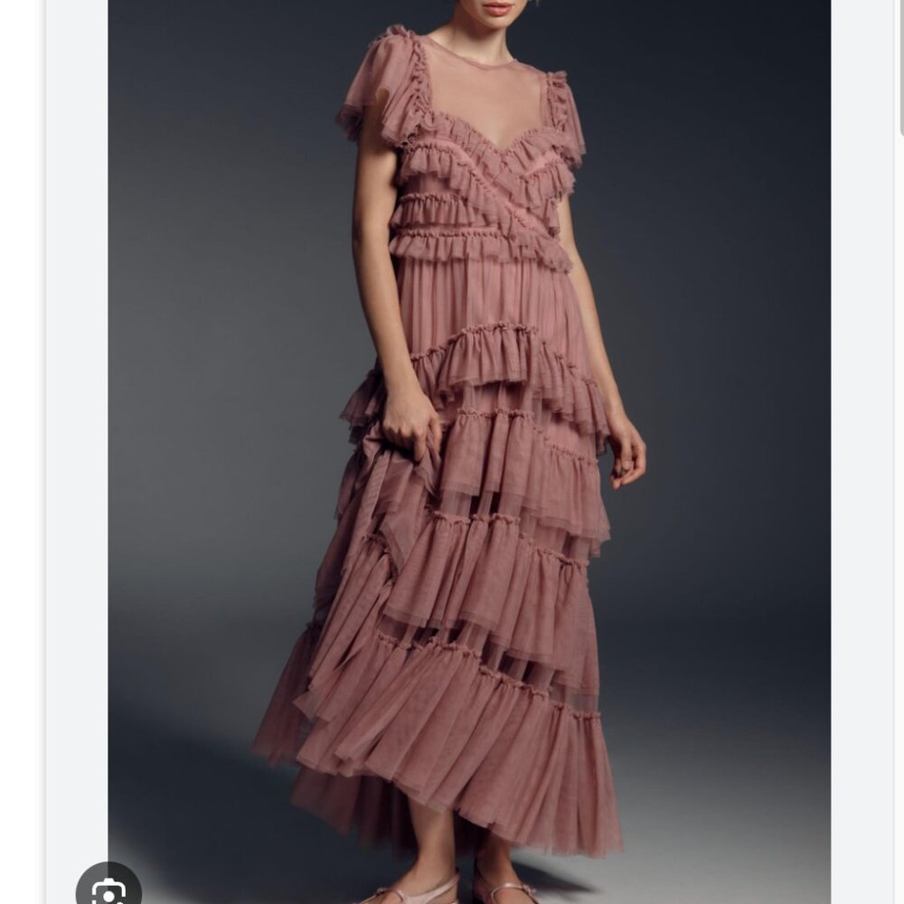 Anthropologie Women Tulle Mesh Ruffled Tiered Maxi dress Blush Pink Petite M NWT
